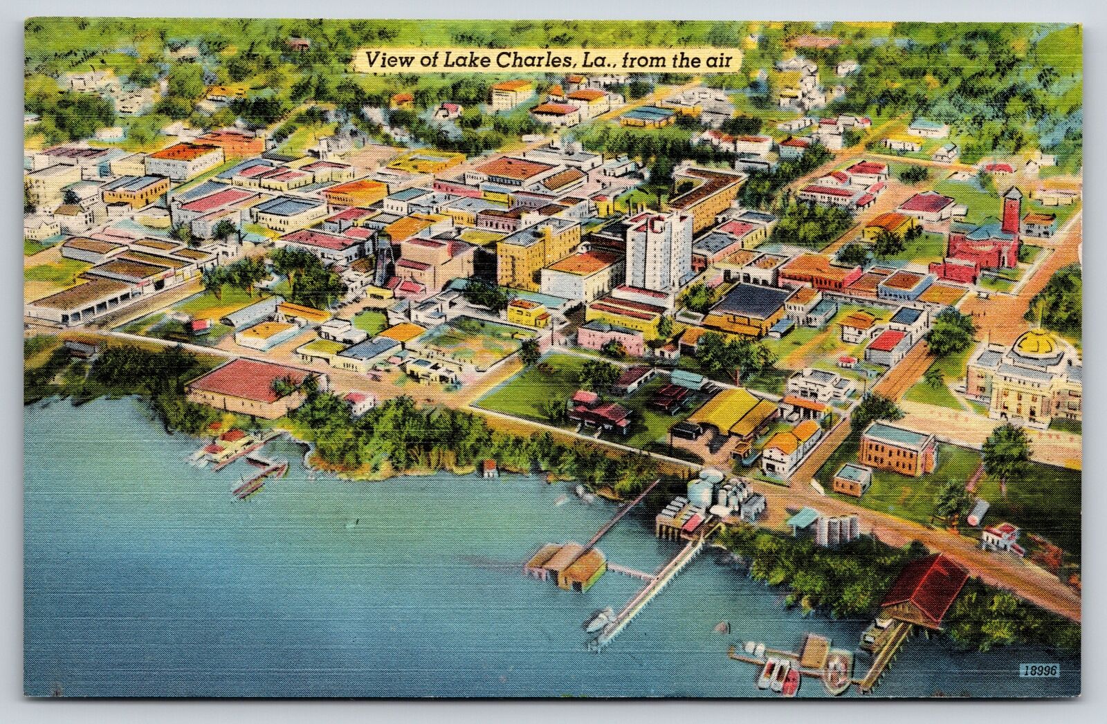 Lake Charles Louisiana~Aerial View~Boats~Docks~Business Section~Vintage Linen PC