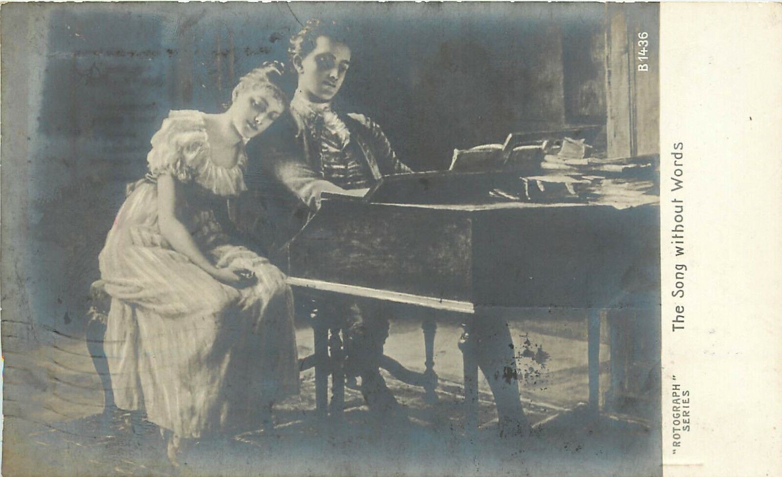 Rotograph RPPC B1436 Young Loving Couple at Piano, Song without Words, Posted