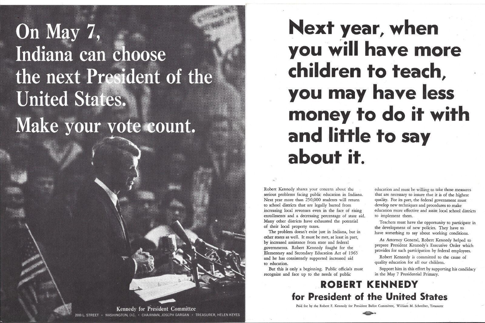 Pair of 1968 Robert Kennedy Indiana Primary Student Voters Fliers/ Hand-Outs