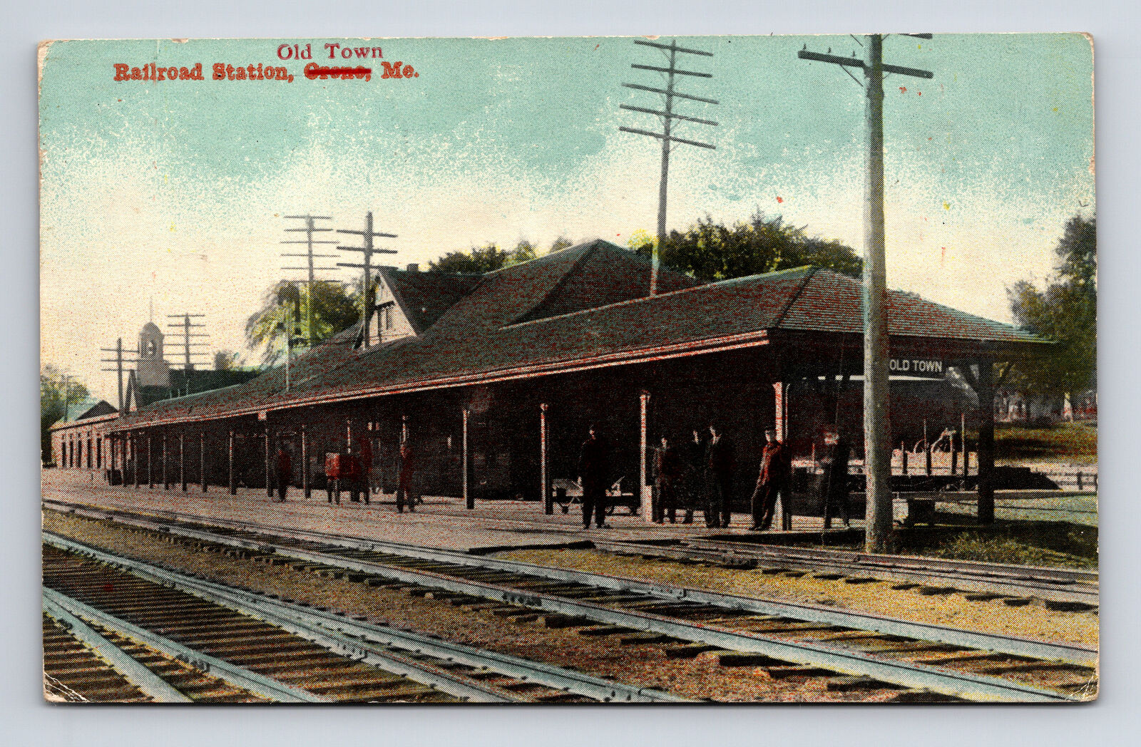 1912 Railroad Station Train Depot Old Town ME WM Prilay Postcard