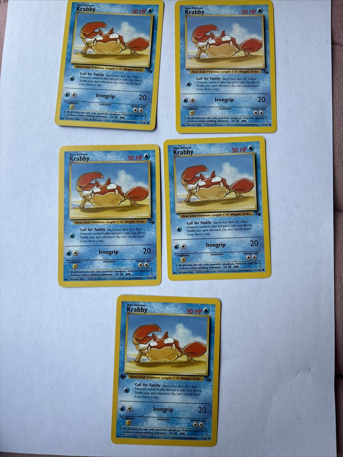 Pokemon Cards WOTC 1999: Krabby 51/62 x 5 - Fossil Set