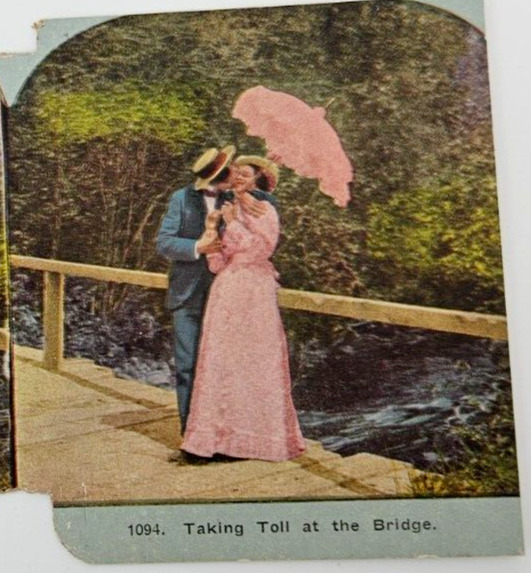 Taking Toll At The Bridge~ c1870 Victorian Stereoview~Steal Kiss~Parasol Boater