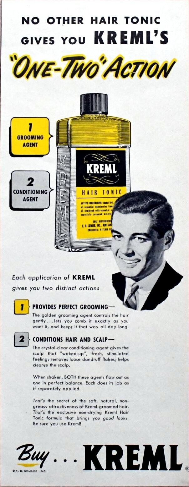 1952 Vintage Magazine Page Ad Kreml Hair Tonic
