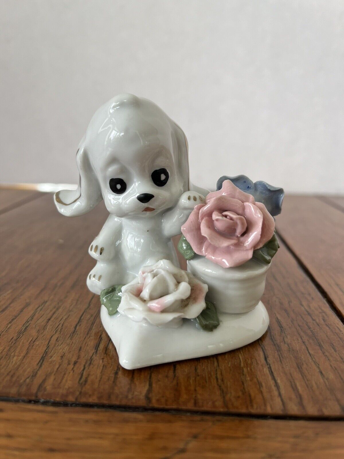 Vintage Kitsch Pup Dog With flowers Ceramic Porcelain Figurine