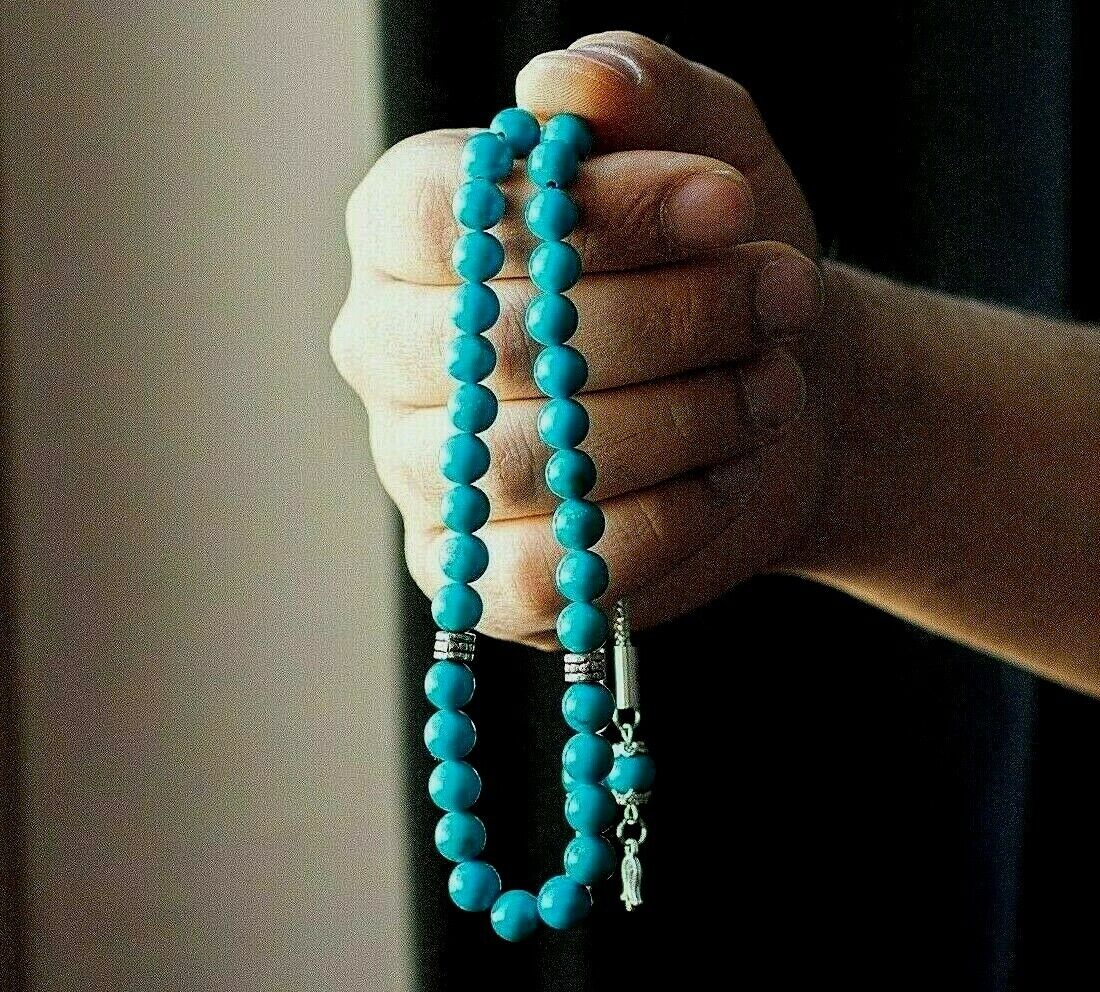REAL Turquoise GemStone Islamic Prayer 33 beads Tasbih Misbaha Rosary Tasbeeh 8m