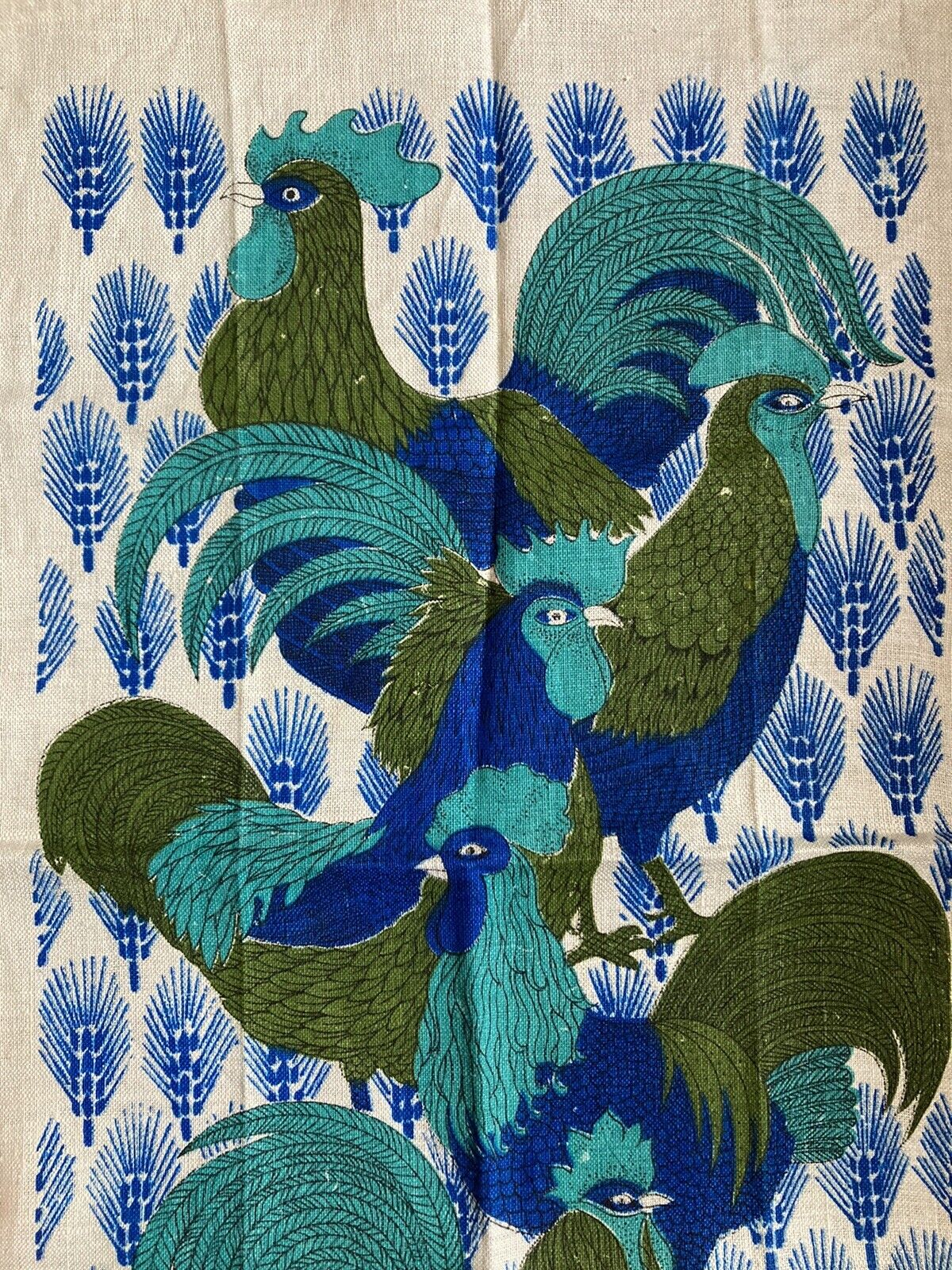 MCM Linen Tea Towel Chicken Rooster  Blue Green Wall Art Farmhouse Kitchen Table