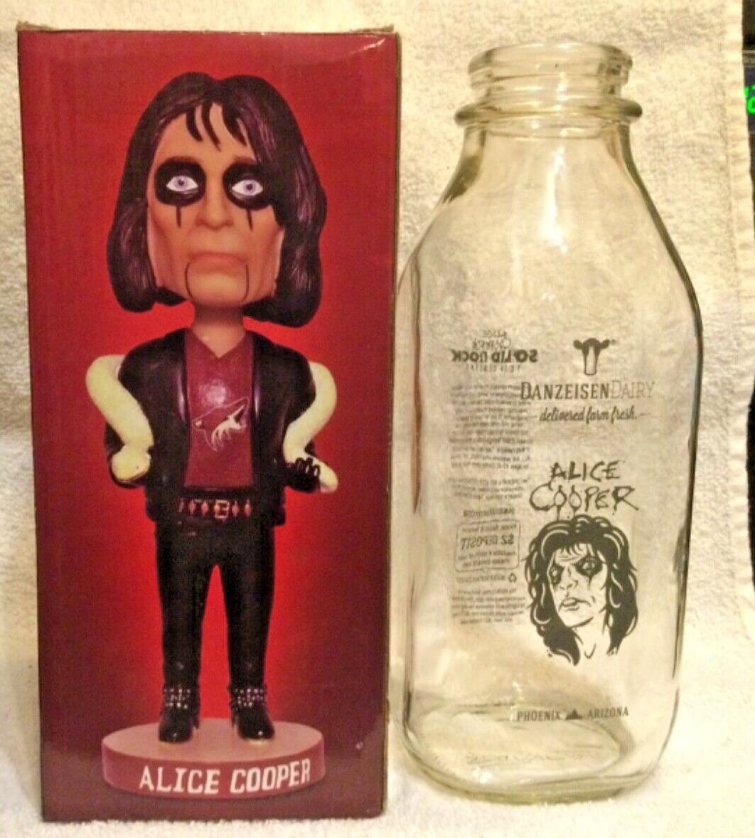 2012 Alice Cooper Bobblehead Arizona Coyotes NHL, & 2020 Danzeisen Milk Bottle