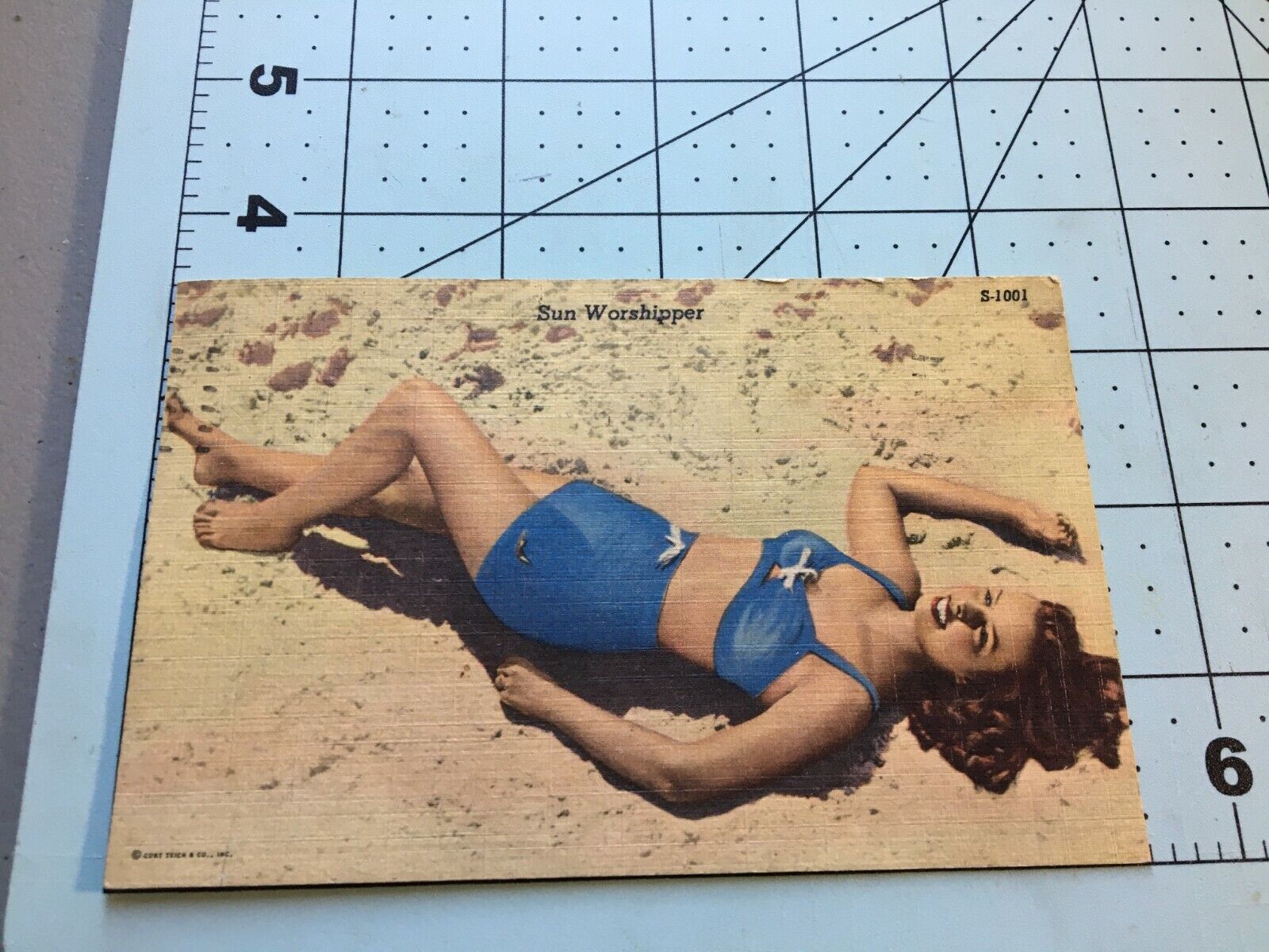   Vintage 1953 Sun Worshipper    Postcard --  Girl on a Beach