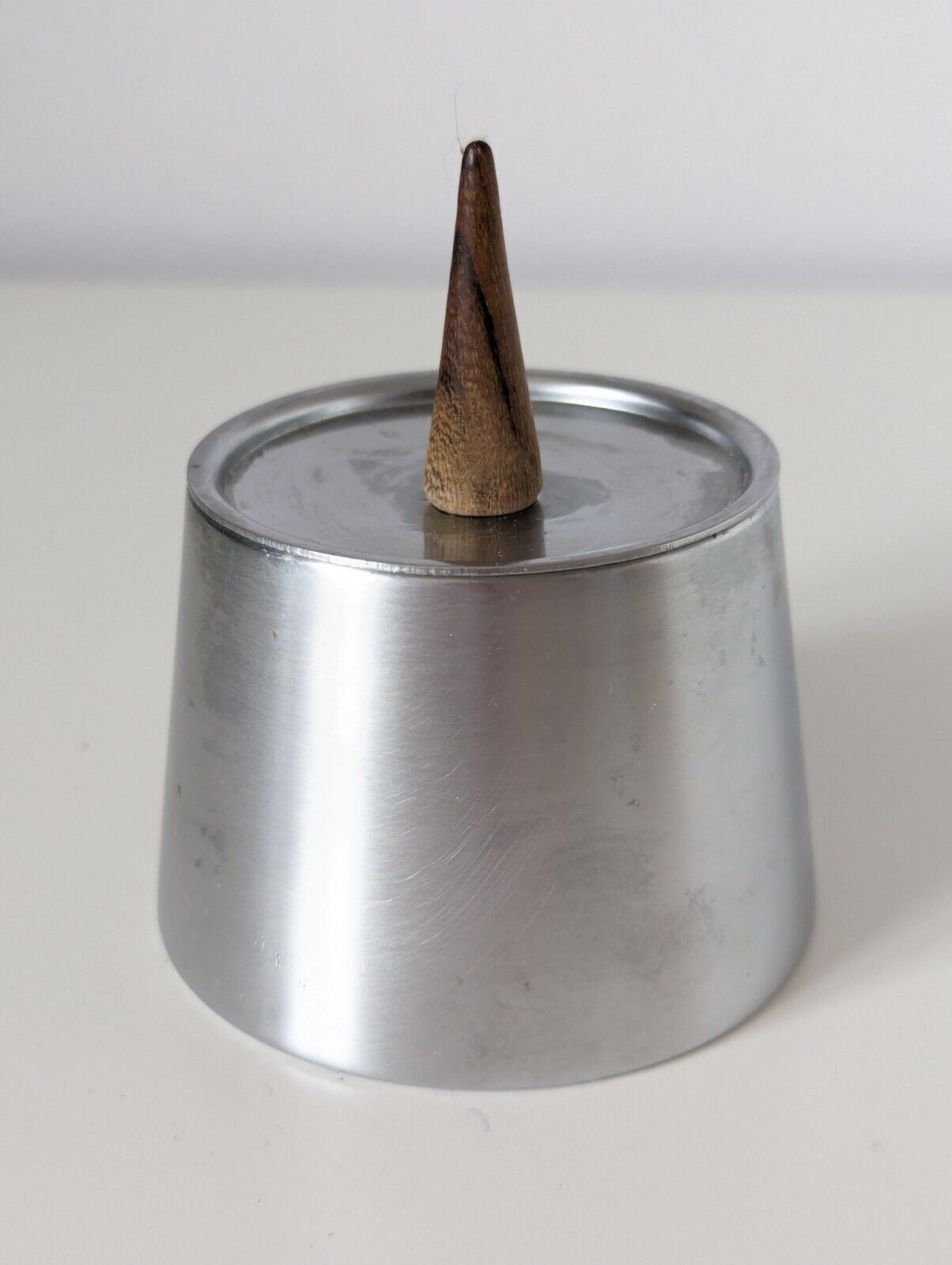 Vintage 1960s Brushed Stainless Steel Sugar Bowl Lid Teak Handle Danish Modern 