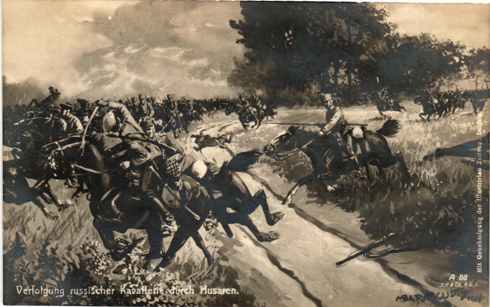 Vintage Postcard- A88. Verfolgung russischer Kavallerie Husaren. Unposted 1910