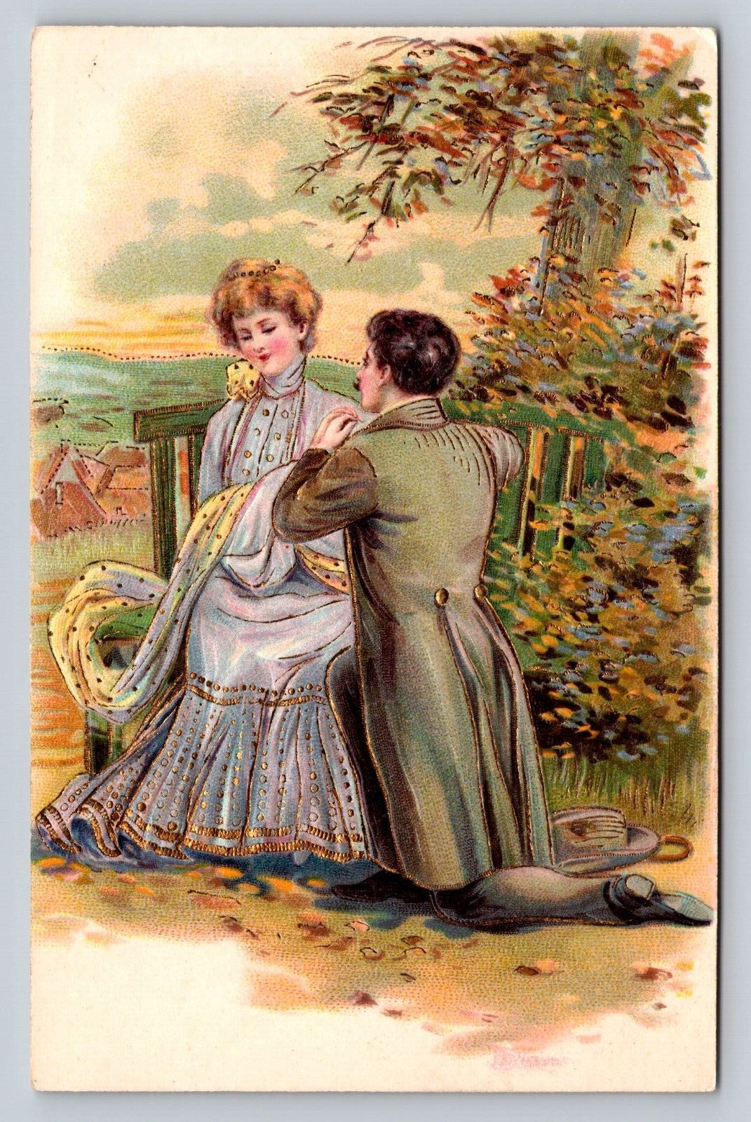 Early 1900s Antique Gilt Postcard Couple Bench Smitten Man Kneels Love Proposal