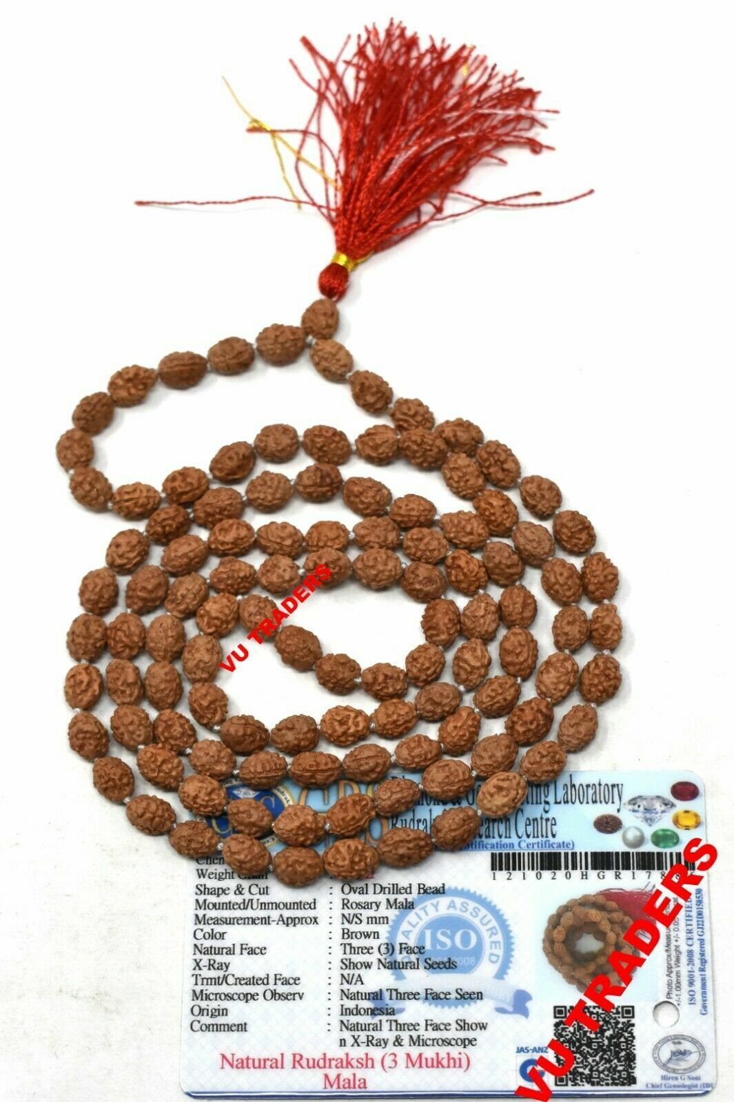 3 Mukhi Rudraksha Rudraksh Mala/Three Face Rosary 108+1 Java Beads Lab Certified