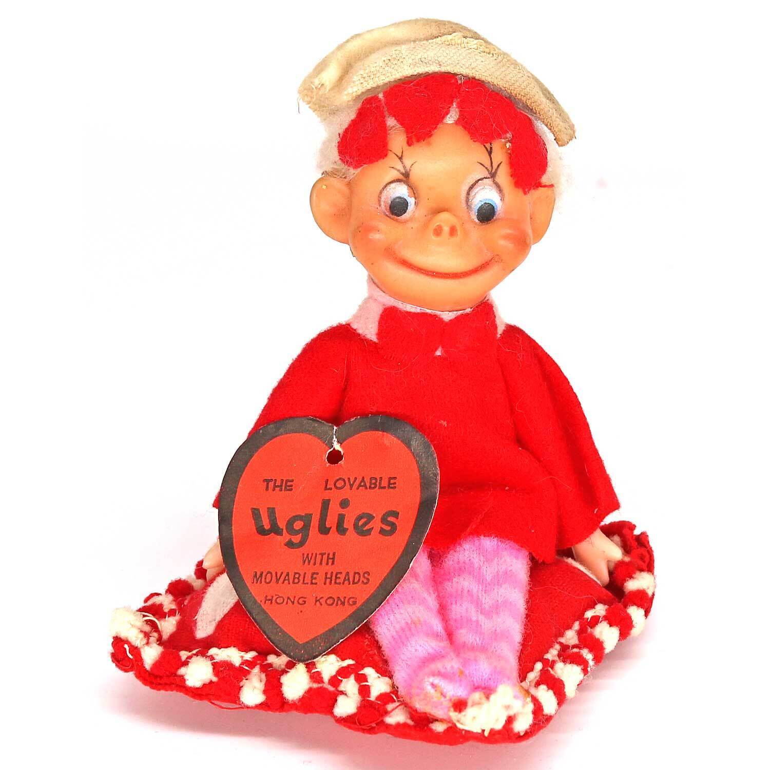 60s Vintage Lovable Uglies Big Eye Troll Doll on Pillow Valentine\'s Day Red Pink