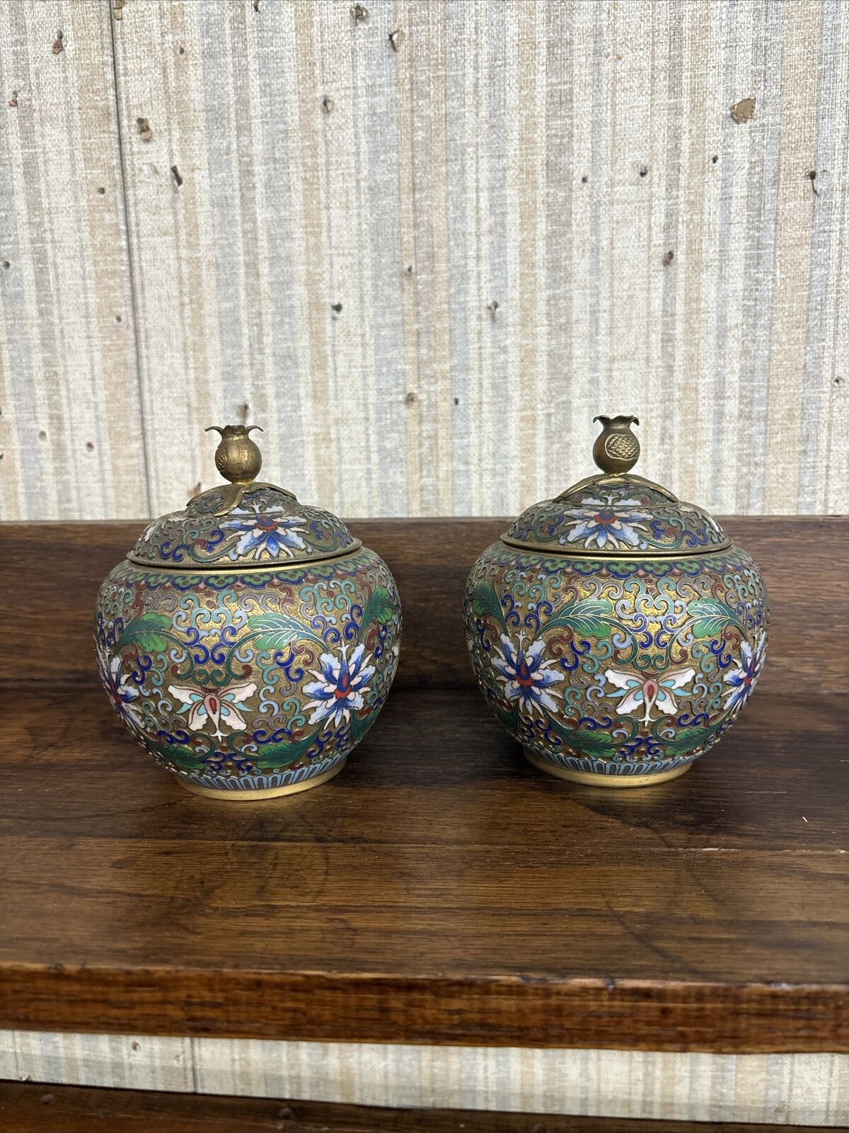 Fine Pair of Japanese Champleve Covered Jars
