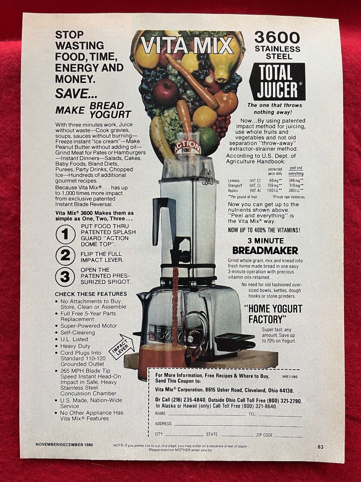 Vintage 1980 Vita Mix 3600 Juicer Print Ad Stainless Steel Advertisement