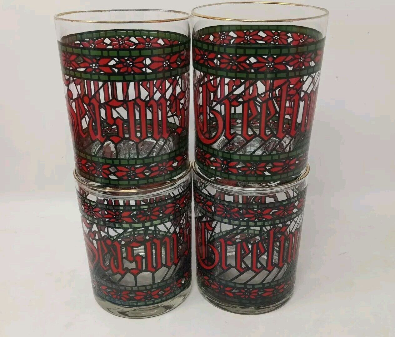 4 Vintage Houze CHRISTMAS Seasons Greetings Tumbler Drinking Glasses GUC