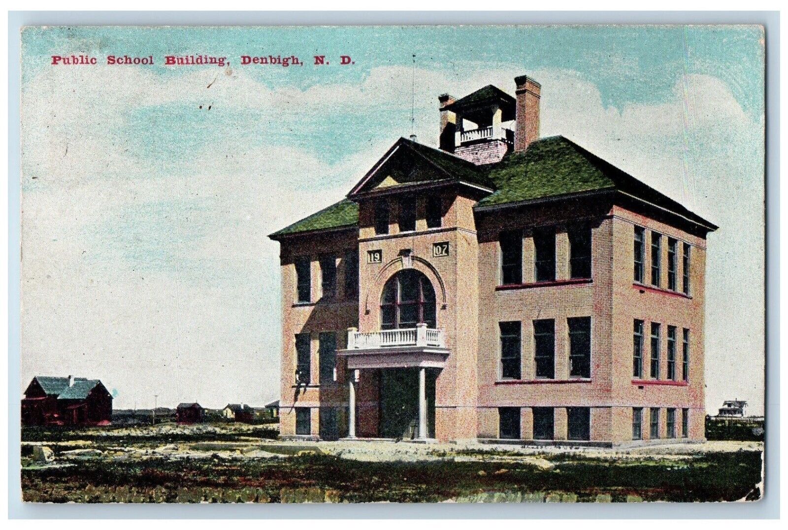 Denbigh North Dakota Postcard Public School Building Exterior View c1910 Vintage