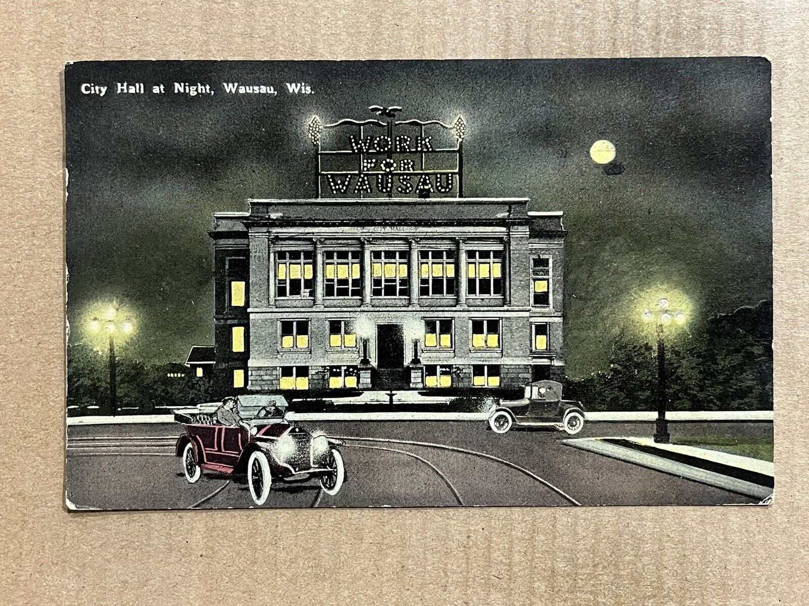 Postcard Wausau WI Wisconsin City Hall Night Moon Trolley Tracks Old Cars