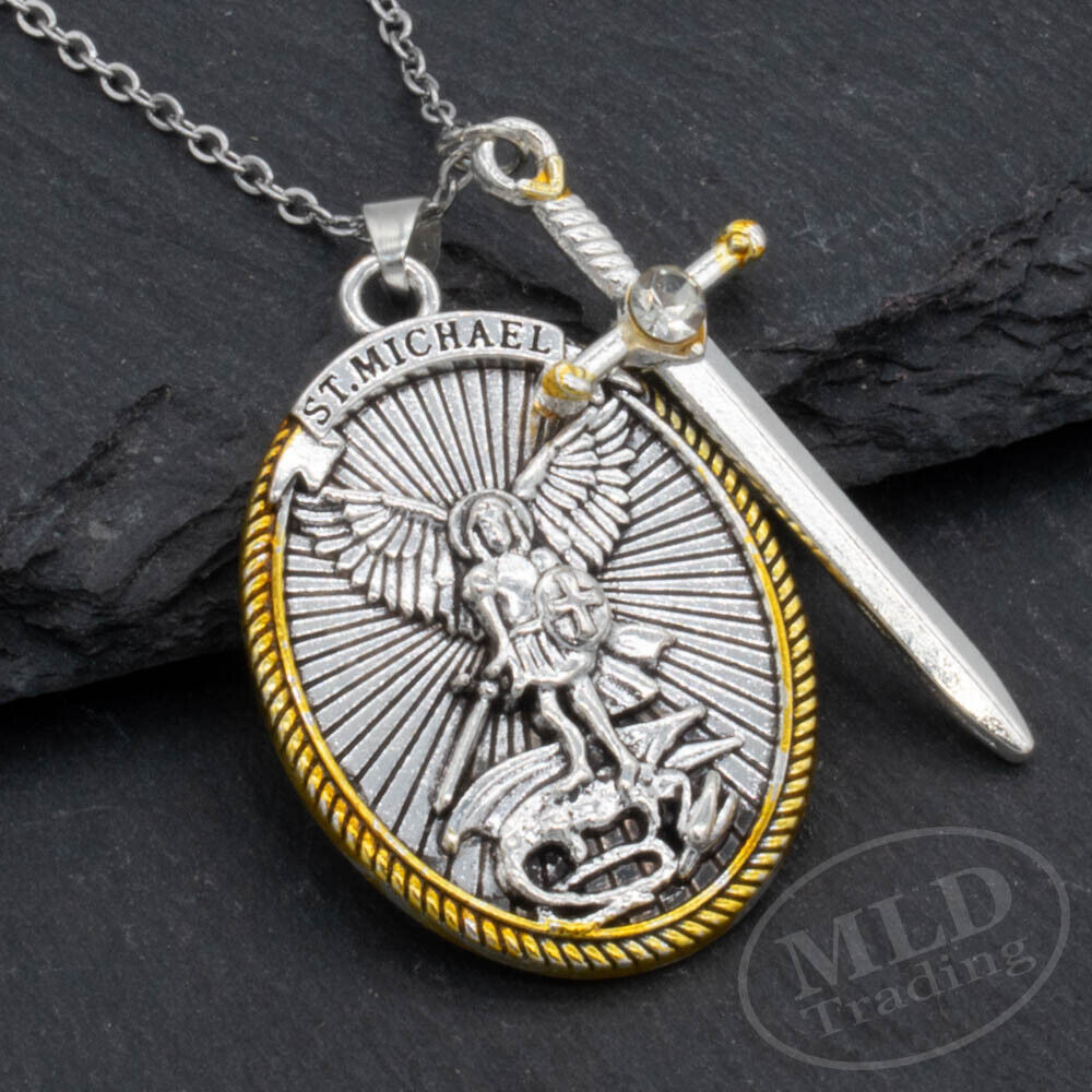 Saint St Michael Pendant Necklace, Oval Silver-Gold, Sword Charm, Ephesians 6:10