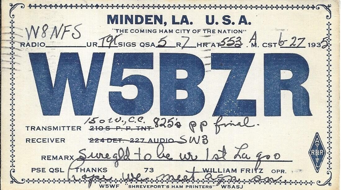 QSL 1935 Minden Louisiana  radio  card