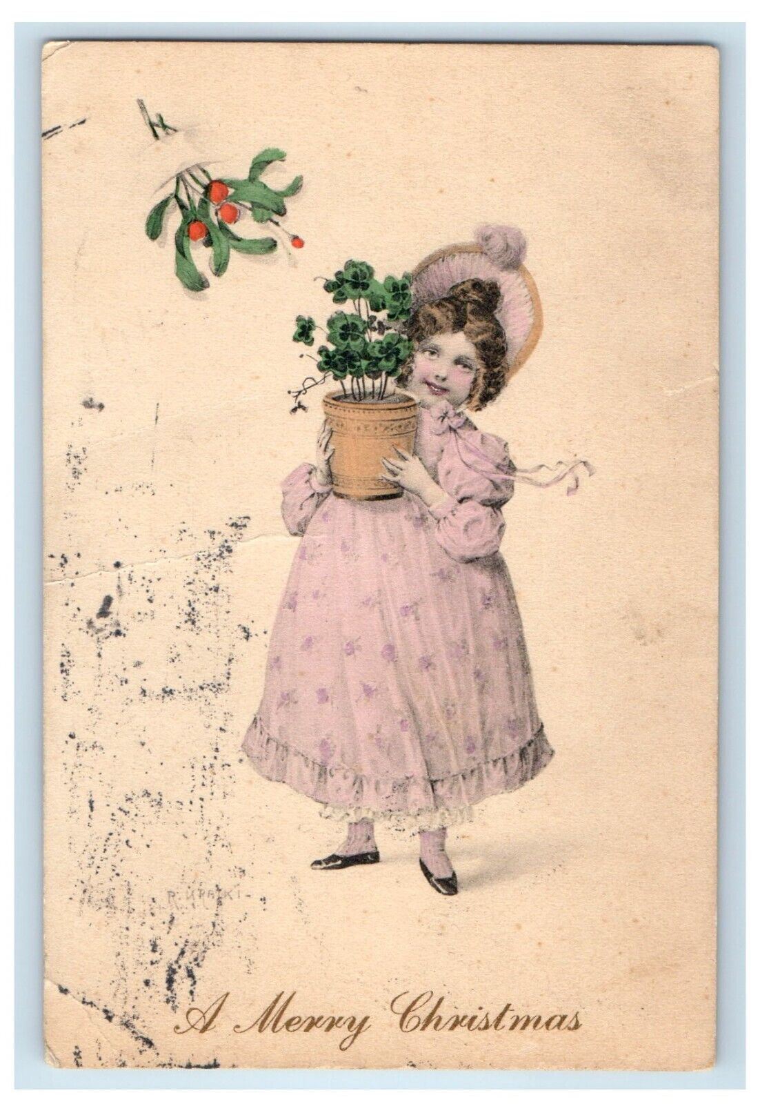 c1905 Merry Christmas Girl Dress Shamrock Pot Concord New Hampshire NH Postcard