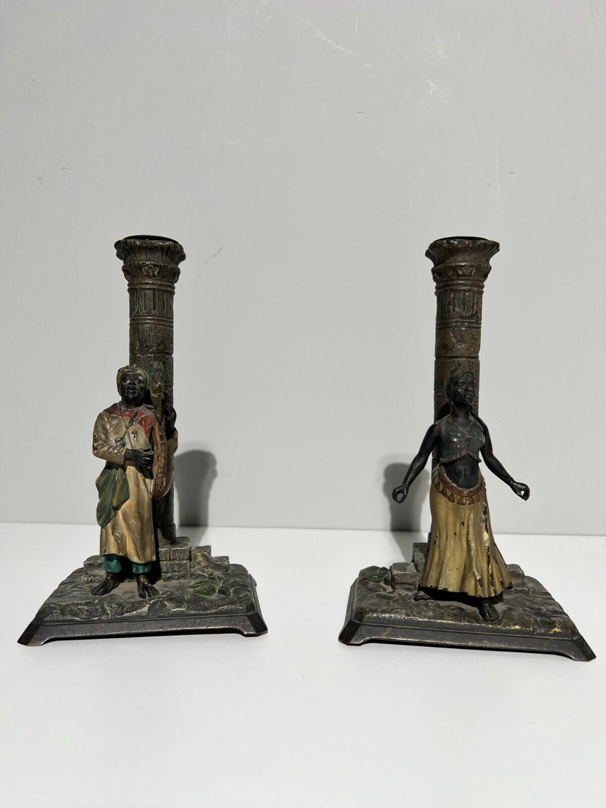 A Pair of Antique Cold Painted Austrian Candlesticks - Style of Bergman