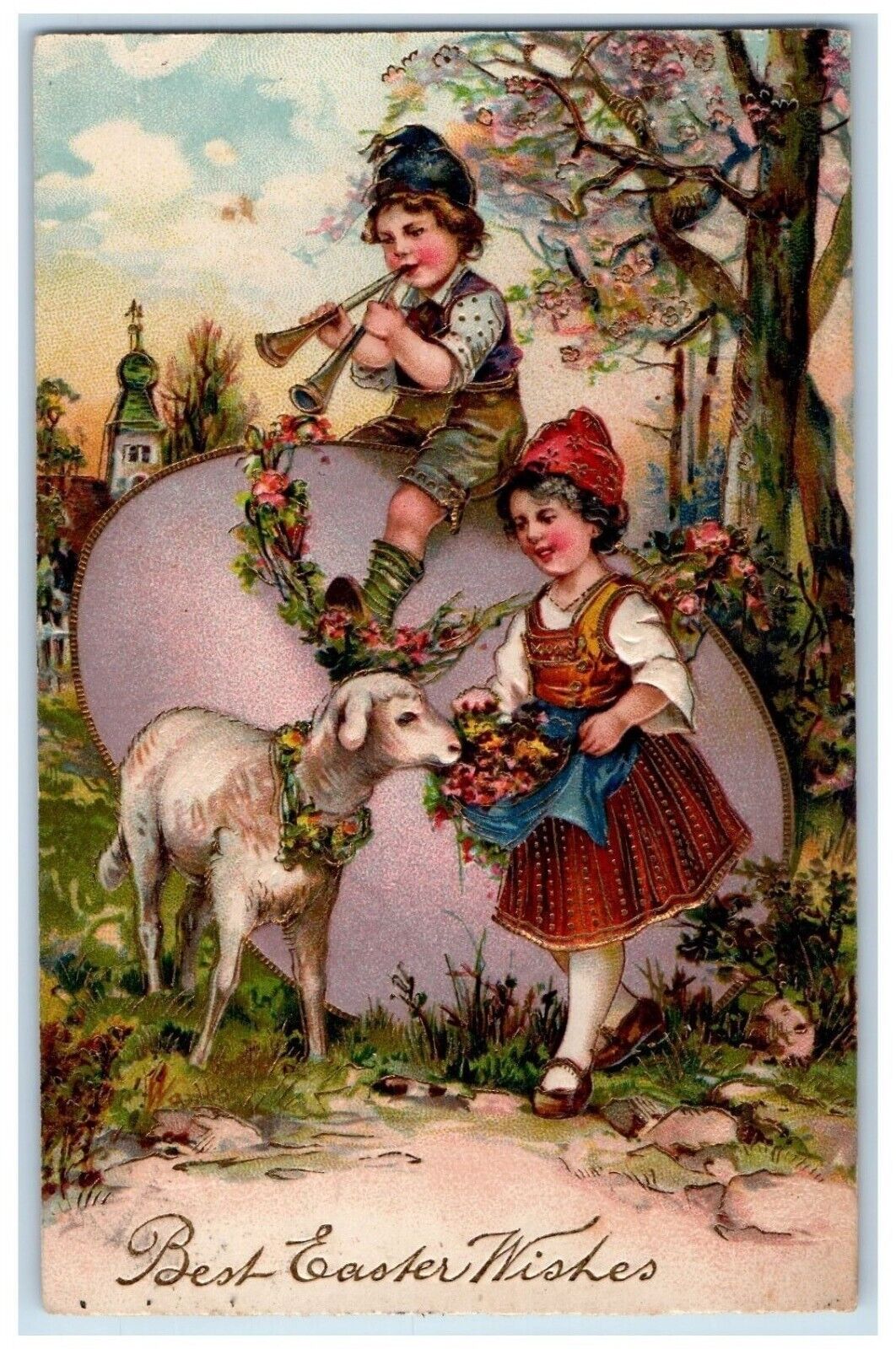 c1910\'s Easter Wishes Girl Boy On Top Of Giant Egg Trumpet Lamb Flowers Postcard