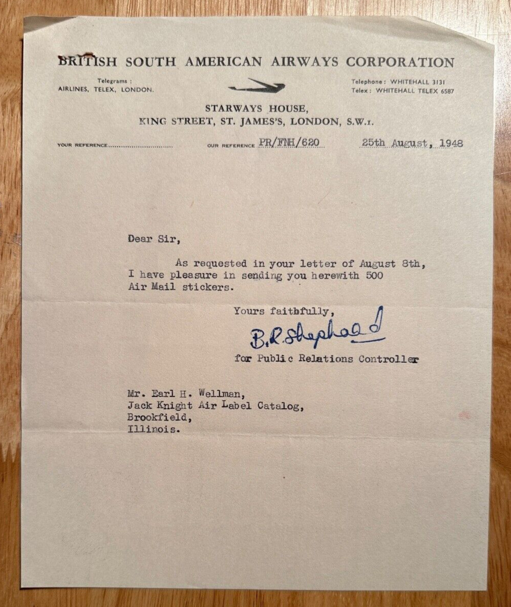 British South American Airways- 1948 London, England vintage business letter