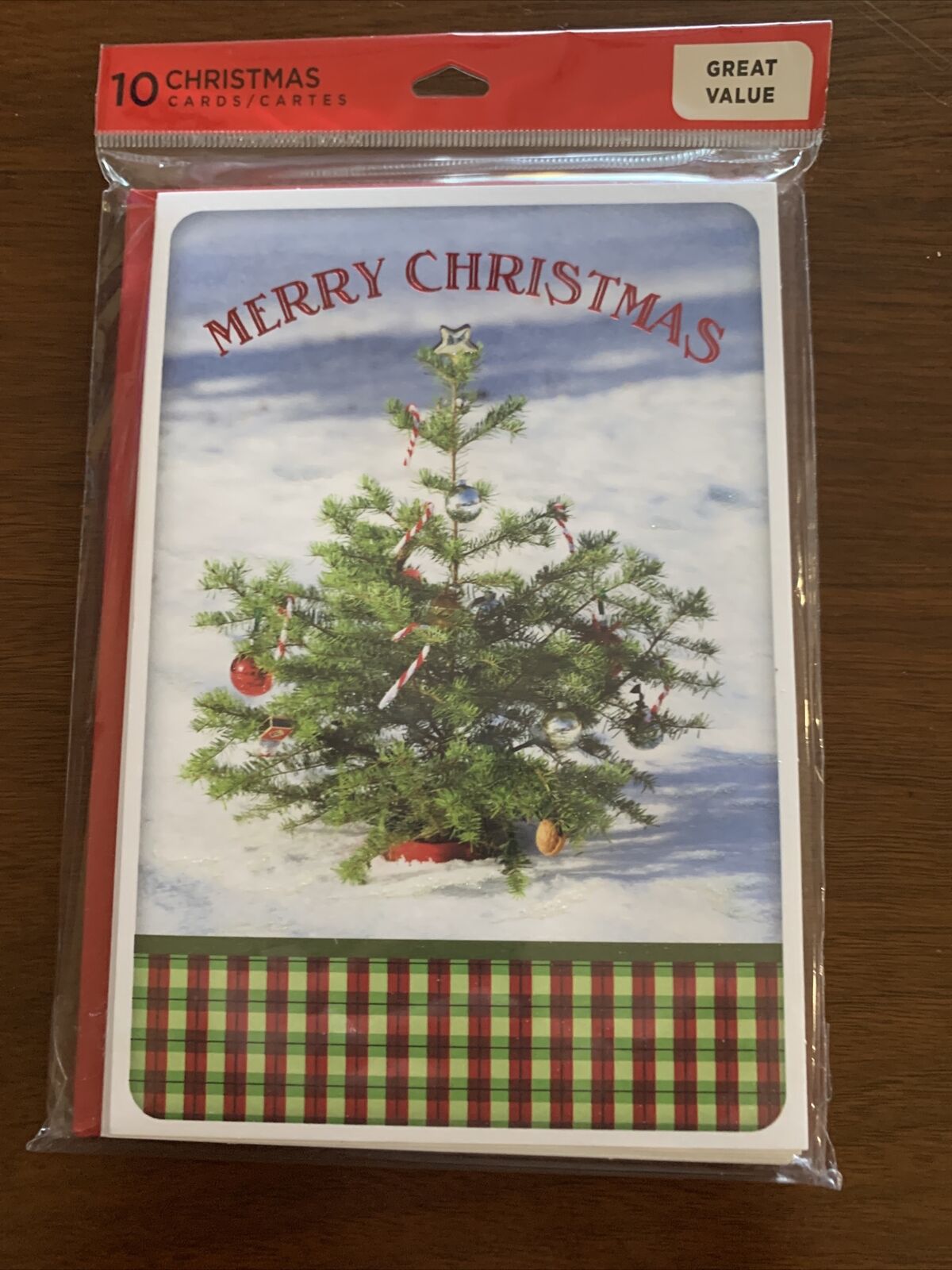 Christmas Cards Cello Pack Merry Christmas Pine Tree Decorated Snow Red Env 10pc