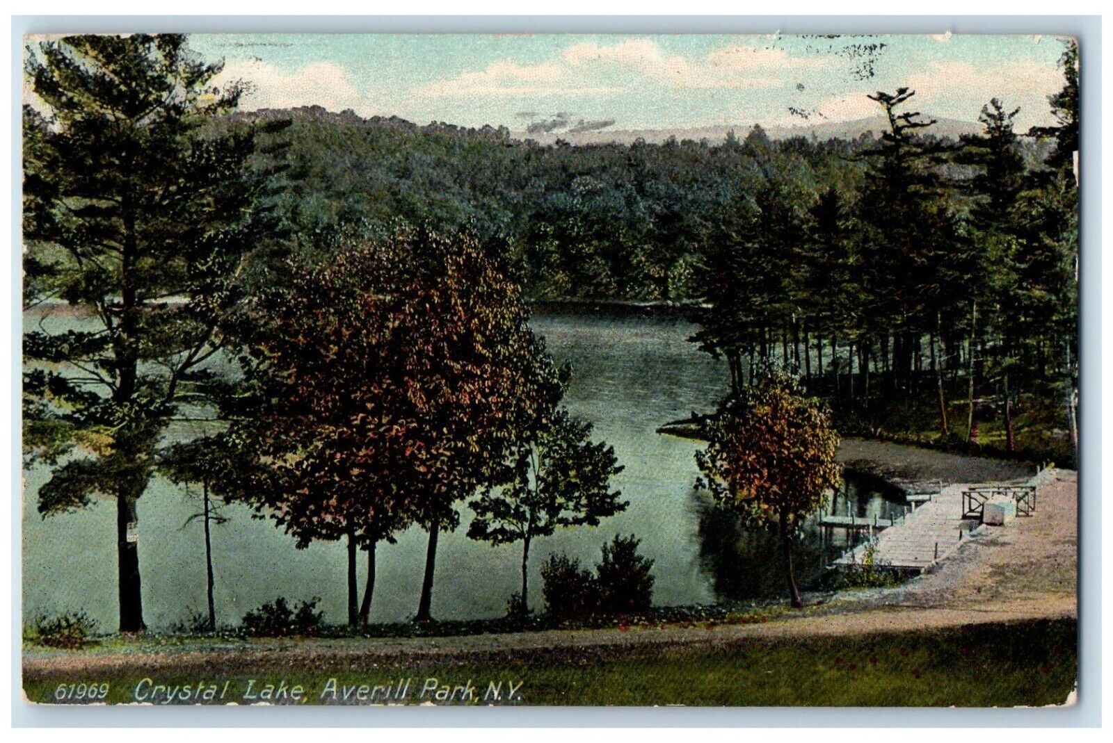 1910 Crystal Lake Boat Dock Trees Averill Park New York Vintage Antique Postcard