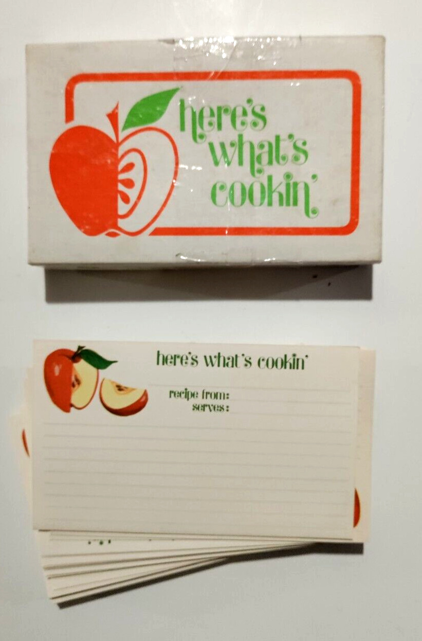 Vintage Here’s What’s Cooking 27 Recipe File Cards Folded Apple Kitchen Notes