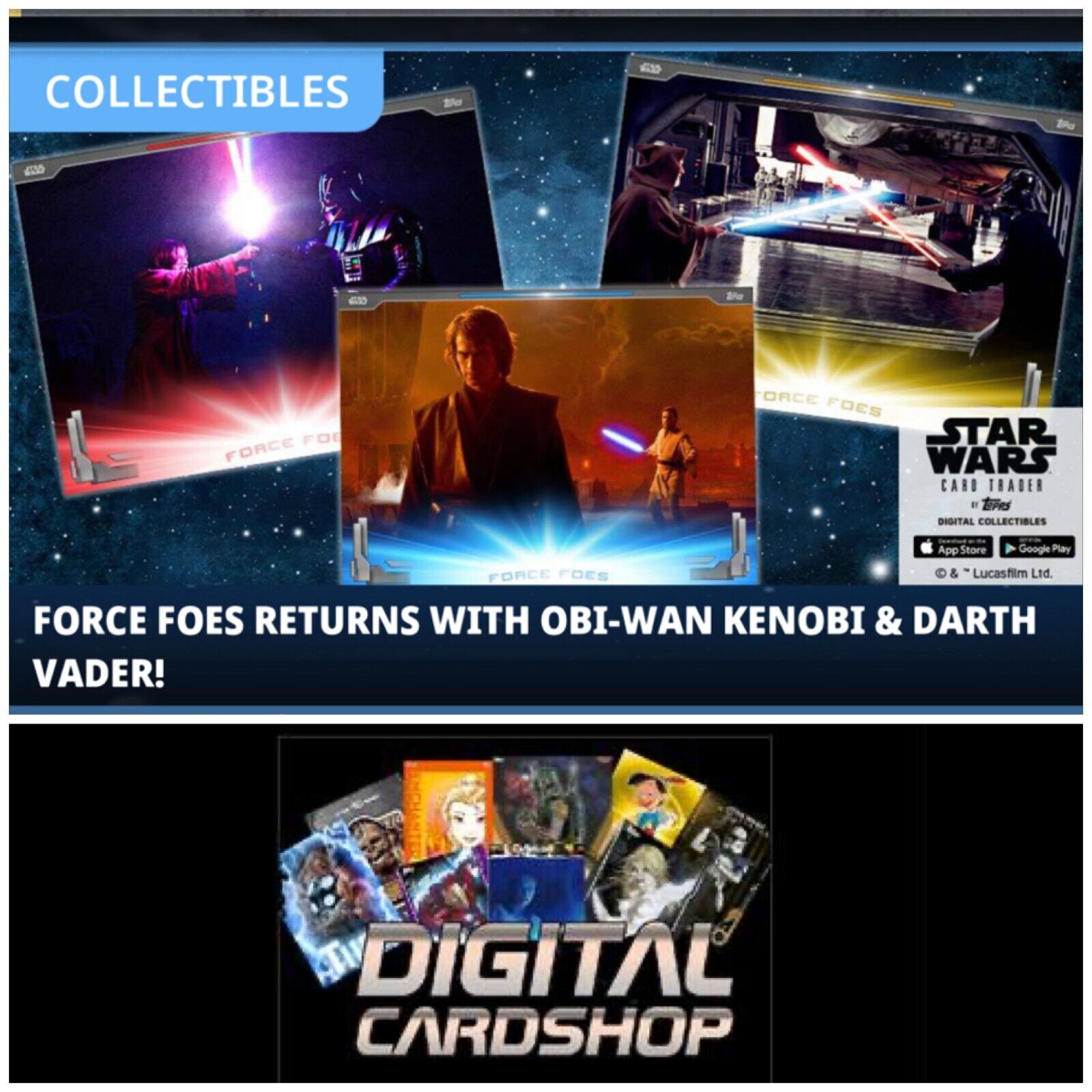 Topps Star Wars Card Trader Force Foes Obi-Wan Vader 45 Card Set Red Green Blue