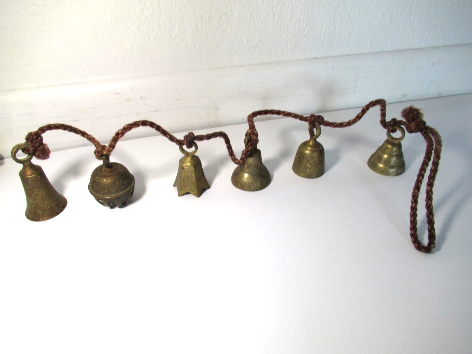 6 Vintage Mixed Bells Of Sarna On Rope Brass India Melodic 33\
