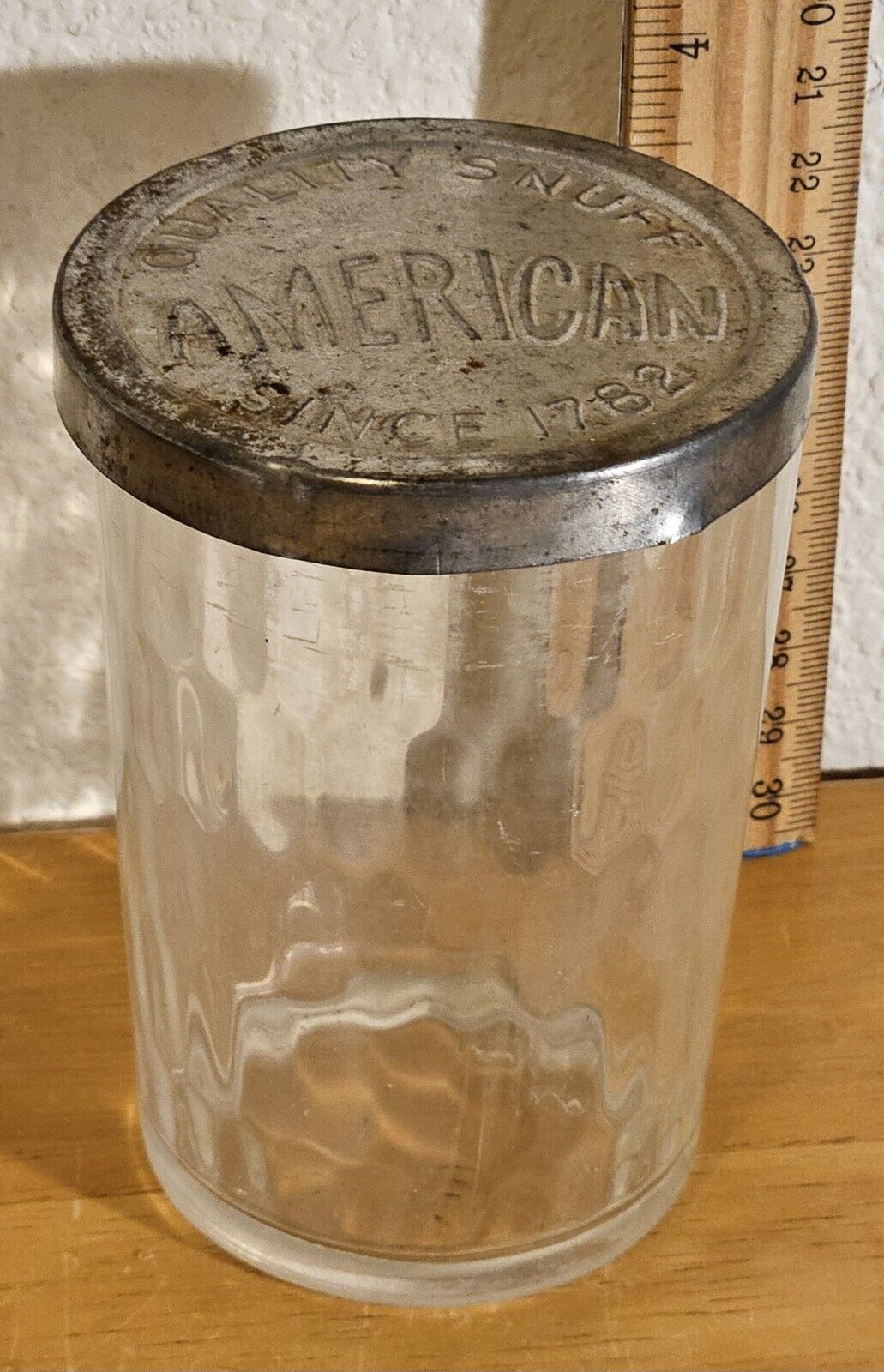 VINTAGE AMERICAN QUALITY SNUFF JAR WITH TIN LID SINCE 1782 OPTIC GLASS NICE