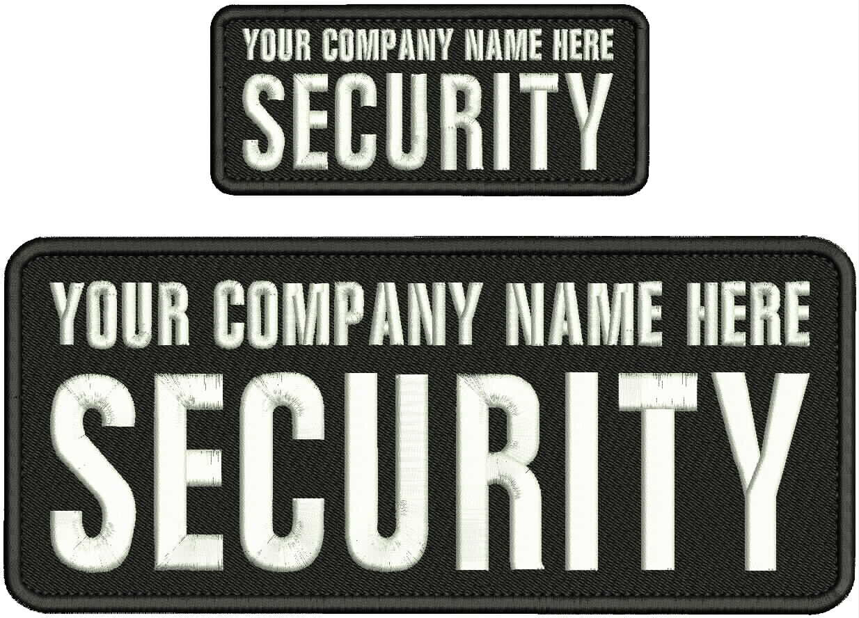 CUSTOM SECURITY EMBROIDERY PATCH 4X10 AND 2X5 HOOK ON BACK  BLK/WHITE