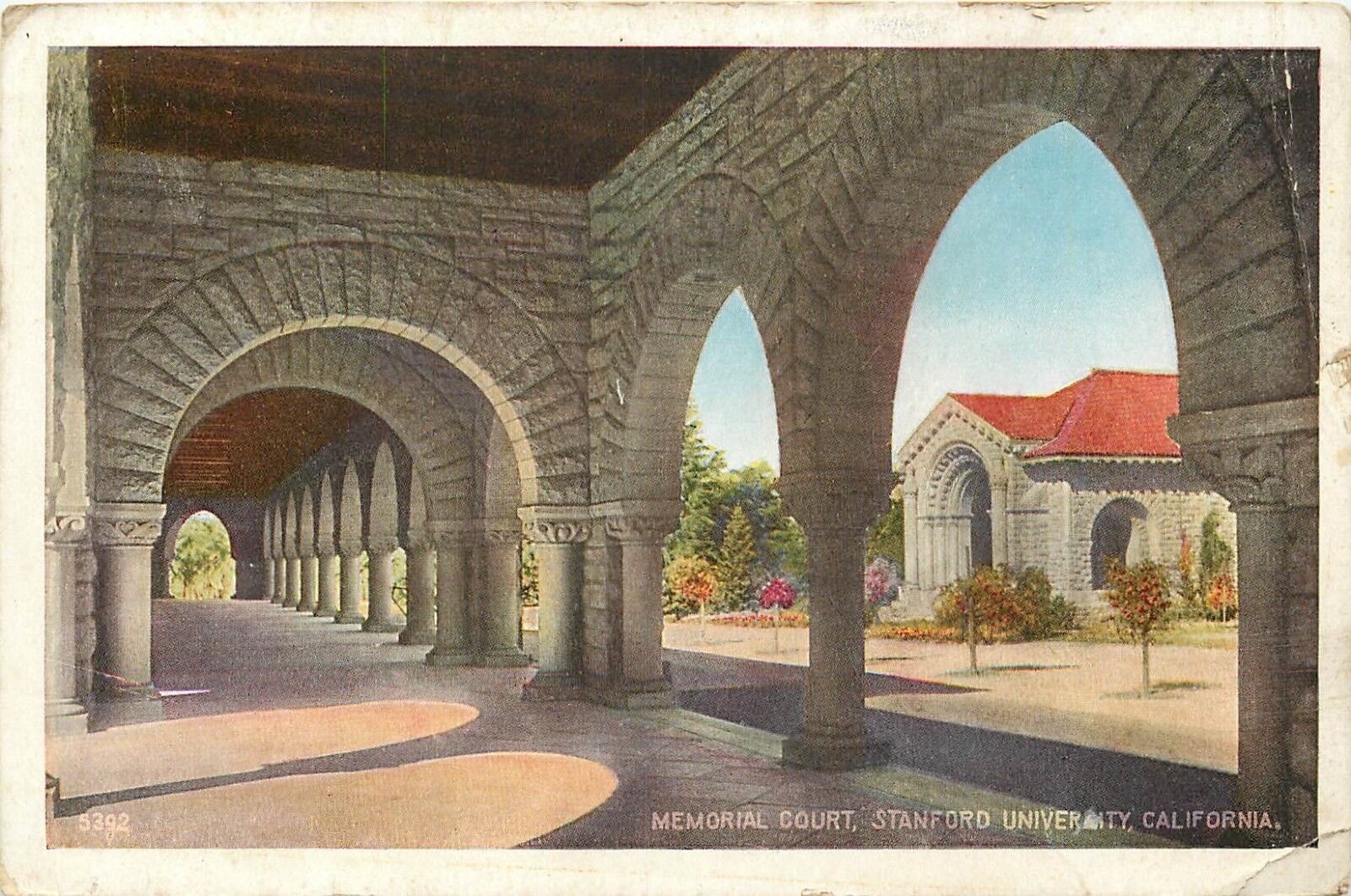 White Border Postcard CA D805 Memorial Court Stanford University Cancel 1924 