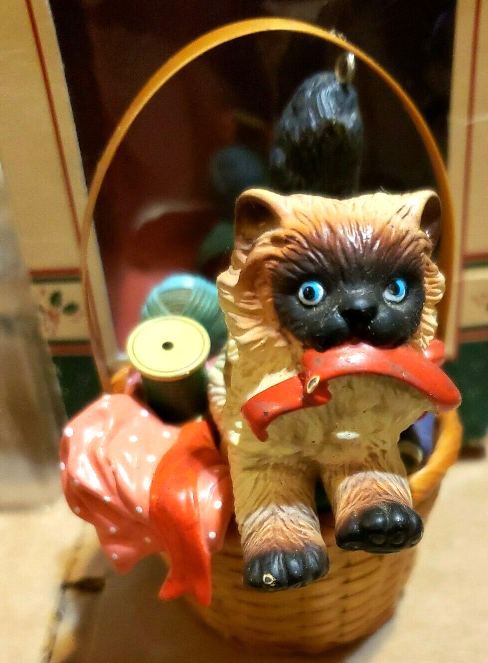 Vintage Enesco Treasury Where's Kitty Siamese Kitten in Sewing Basket Ornament