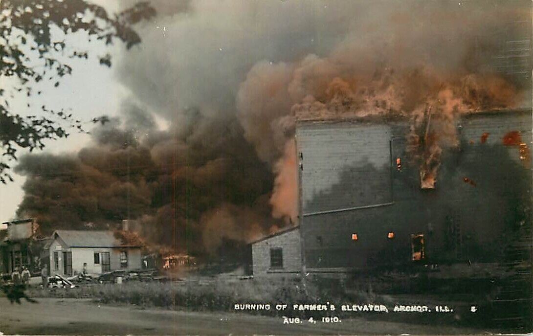 Real Photo Postcard Farmer's Elevator Fire, Anchor, Illinois - Aug. 4, 1910