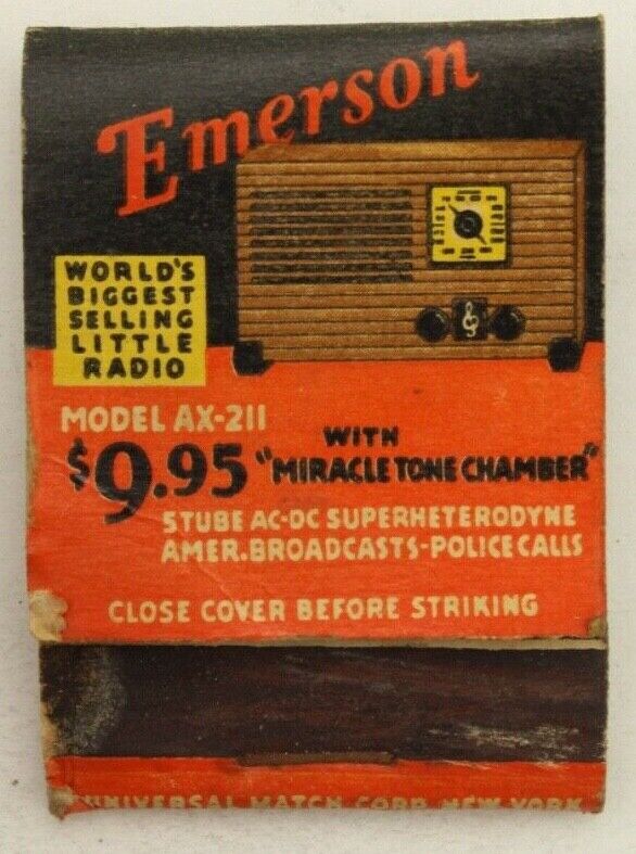 1938 Emerson Radios AX211 & AX212 Miracle Tone Chamber Matchbook
