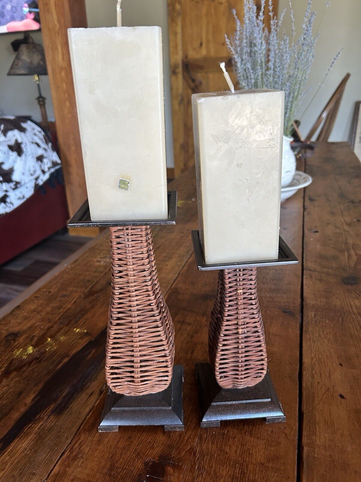 Pair Of Vintage Retired Partylite Wicker/metal Candle Holders Pillars & Candles