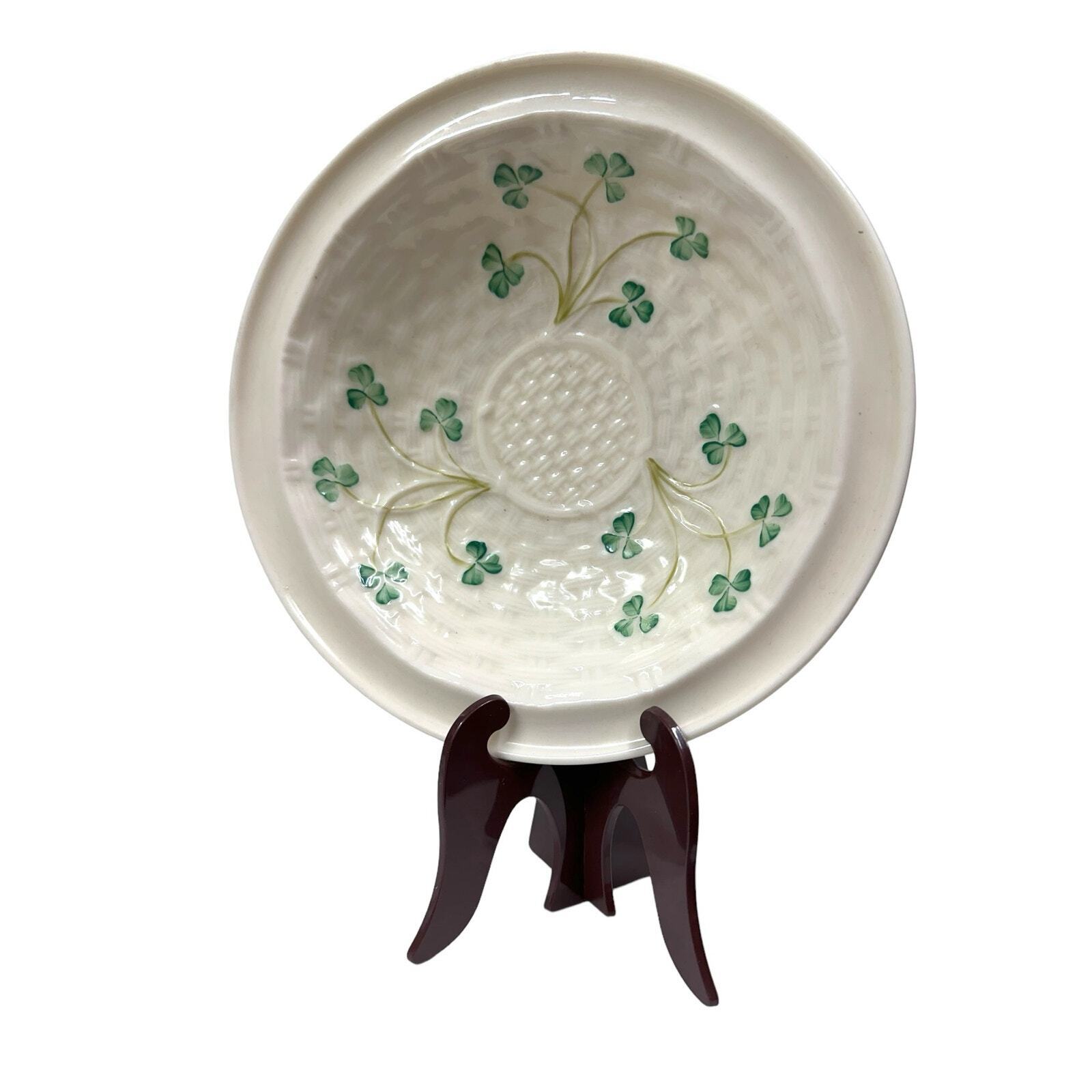 Vintage BELLEEK Shamrock Basket Weave Decorative Bowl & Stand Porcelain Ireland 