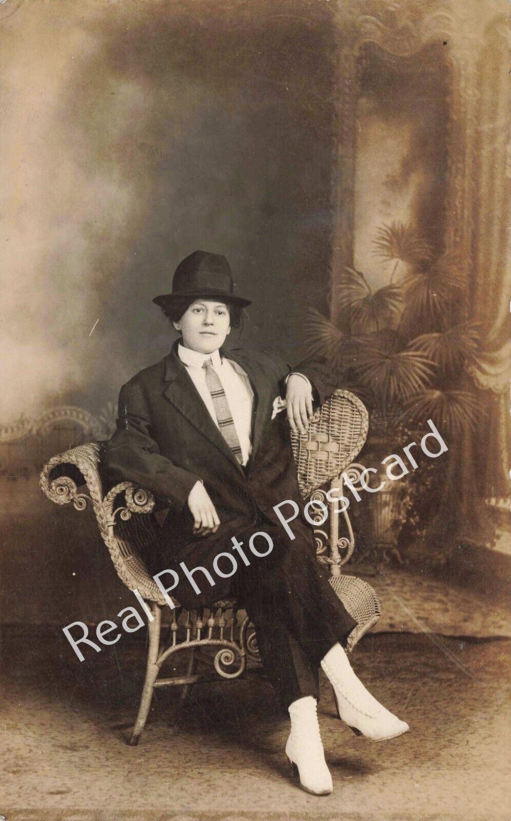 RPPC Woman Dressed as Man Cross Dressing Studio Portrait Early 1900s Postcard
