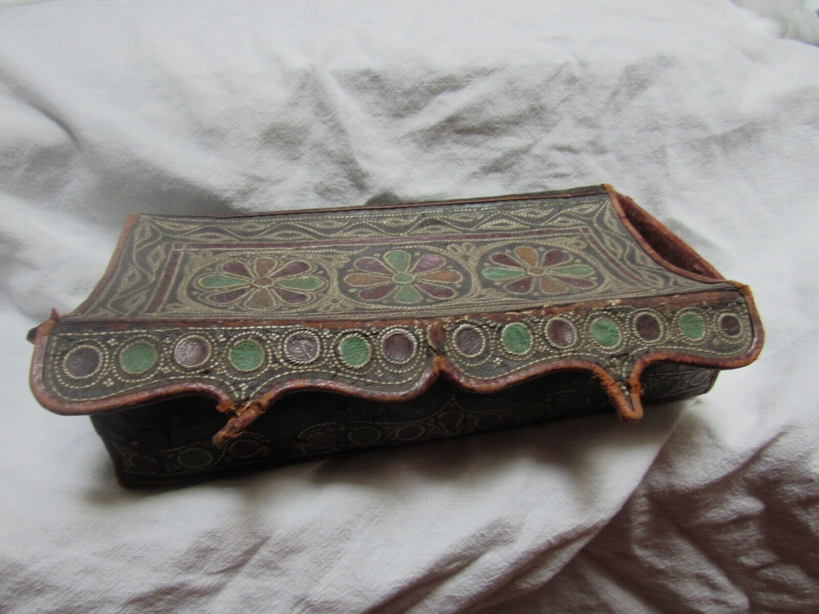 Antique Document Box Or ? Colored Leather with Elaborate Stitching Design 