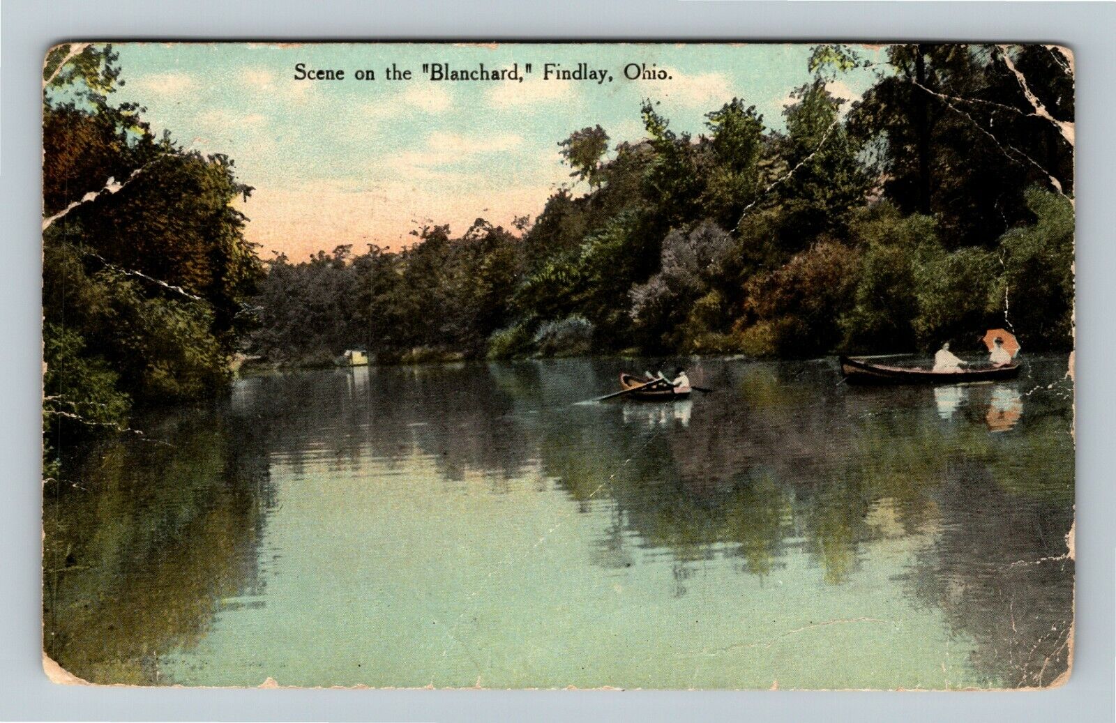 Findlay OH Scenic View With Canoes On The Blanchard Vintage Ohio c1913 Postcard