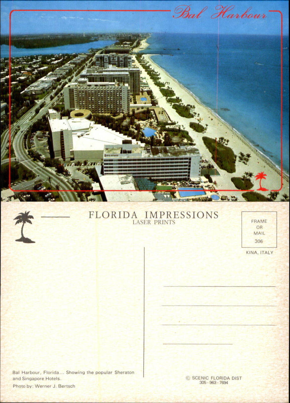 Bal Harbour Florida FL aerial view beach hotels unused 4x6 postcard