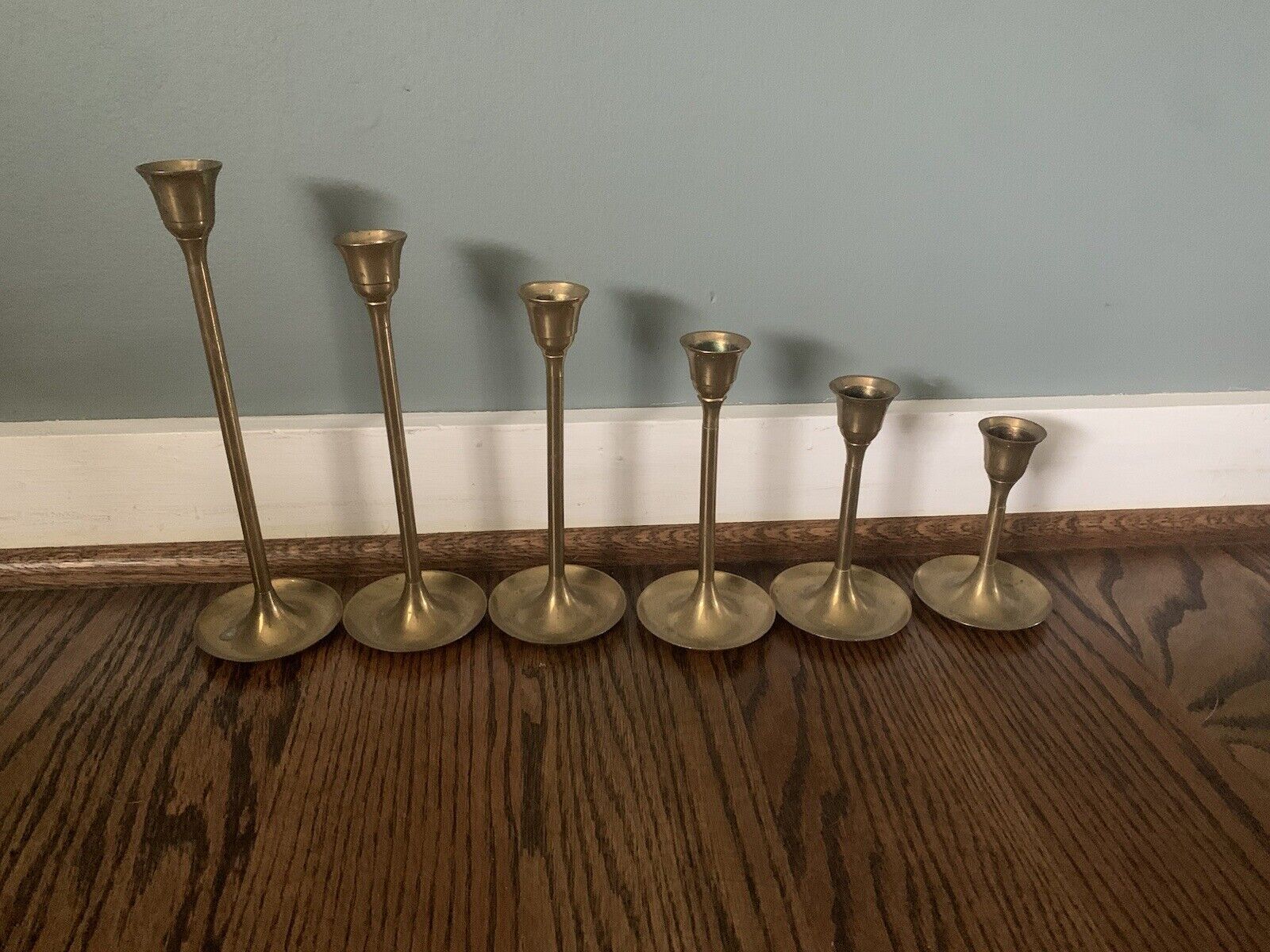 Set of 6 Vintage Brass Graduated Size Taper Candle Stick Holders