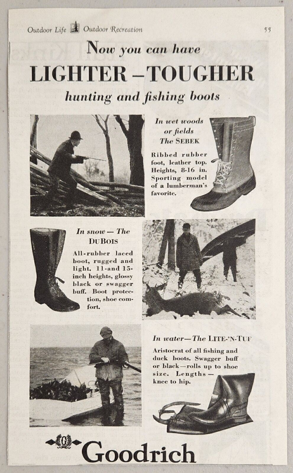 1930 Print Ad Goodrich Hunting & Fishing Boots Sebek, DuBois Lite 'n Tuff