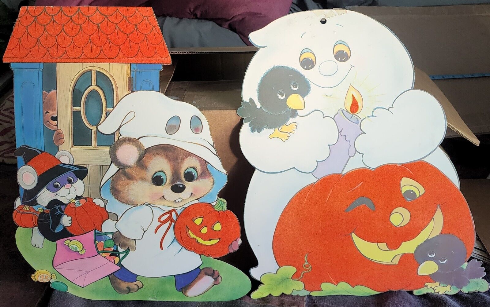 Vintage Flocked Halloween Die Cut Flocked Double Sided Ghost Mouse Crow See Pic