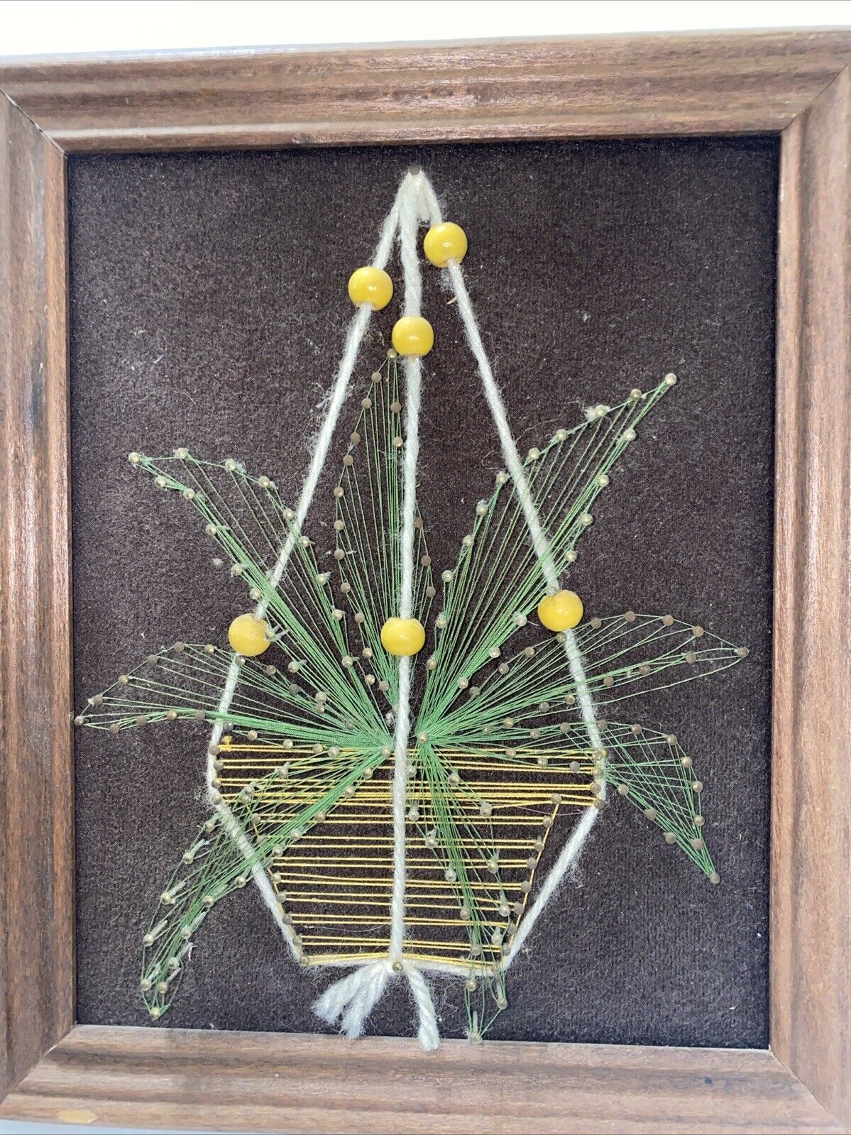 Vintage Retro 1970’s Picture Of Hanging Basket Shaped String Art Wood Wall Decor