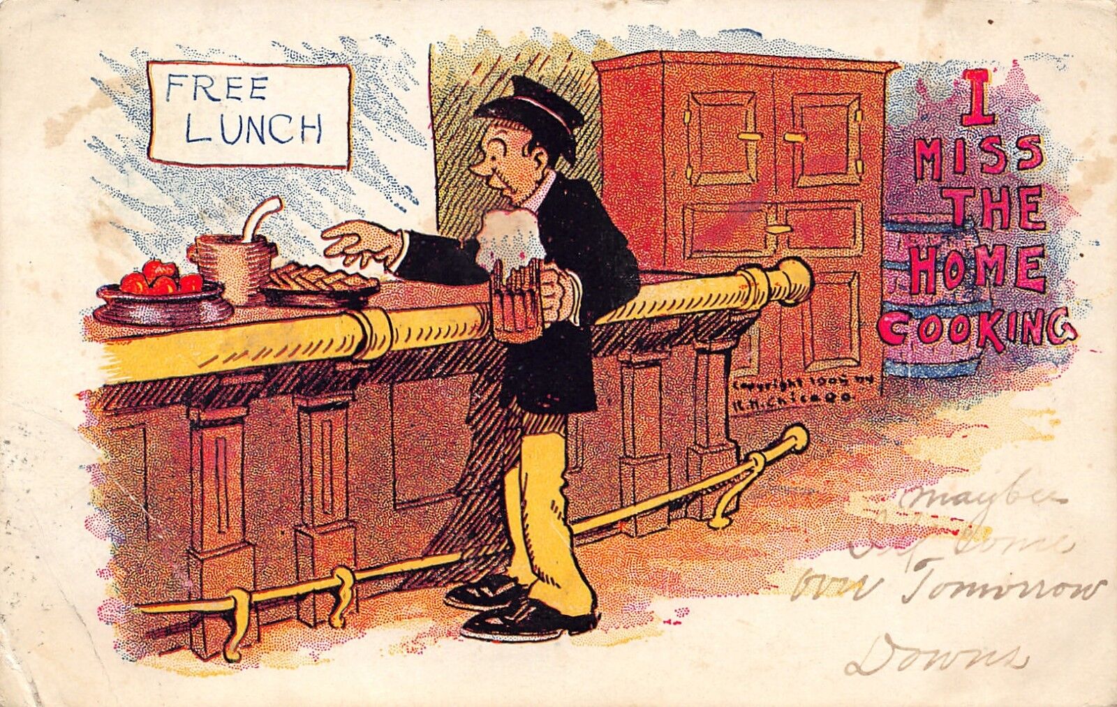 Comic Pun~I Miss the Home Cooking~Man at Bar~Foaming Beer Mug~Free Lunch~1906 PC